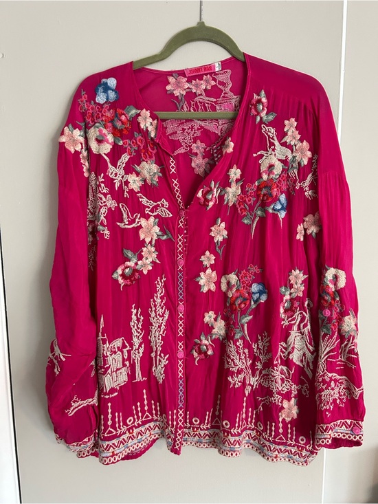 Johnny Was Tops - Johnny Was Hot Pink Floral Embroidered Peasant Tunic